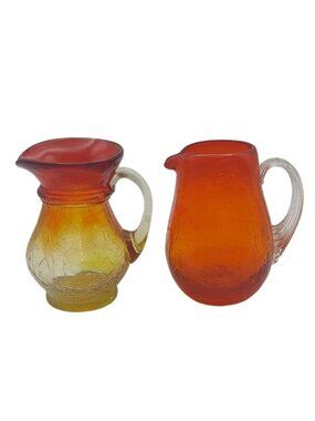 Vintage MCM Small Hand Blown Crackle Glass Pitchers Amberina & Red Set Of 2